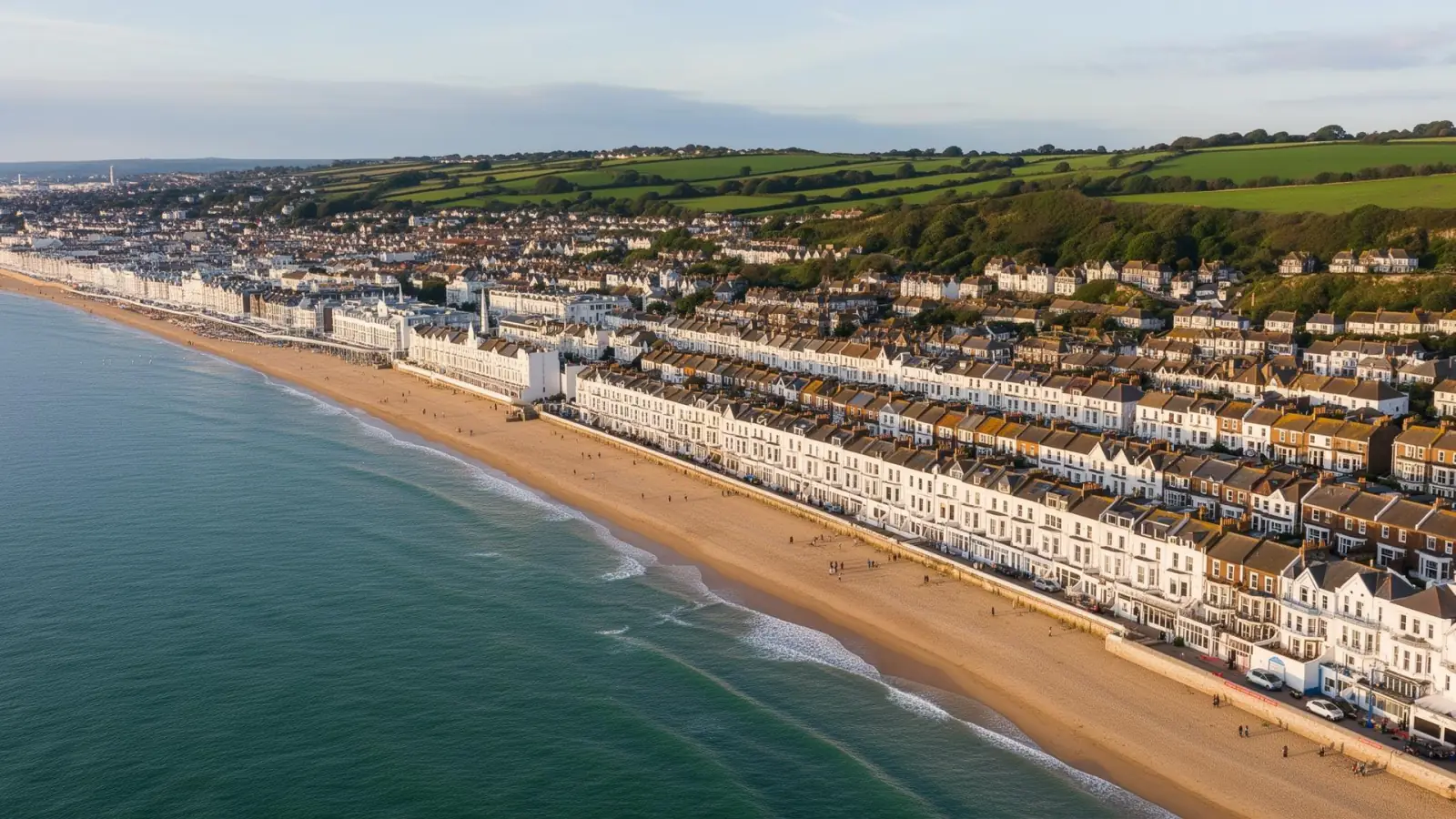 Aerial view of Brighton seafront and residential areas in Sussex