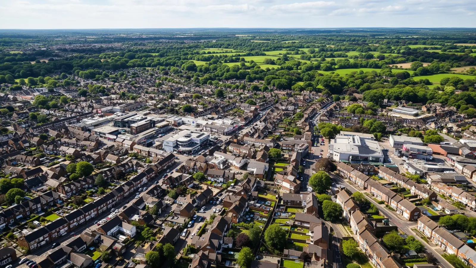 Aerial view of Crawley town centre and residential neighbourhoods in West Sussex