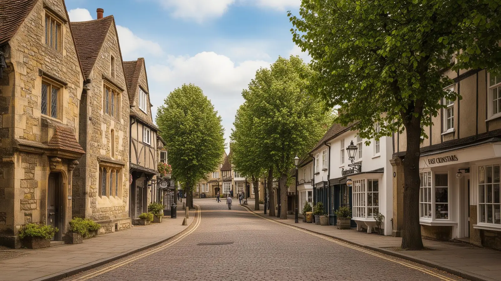 East Grinstead High Street with historic medieval buildings in West Sussex