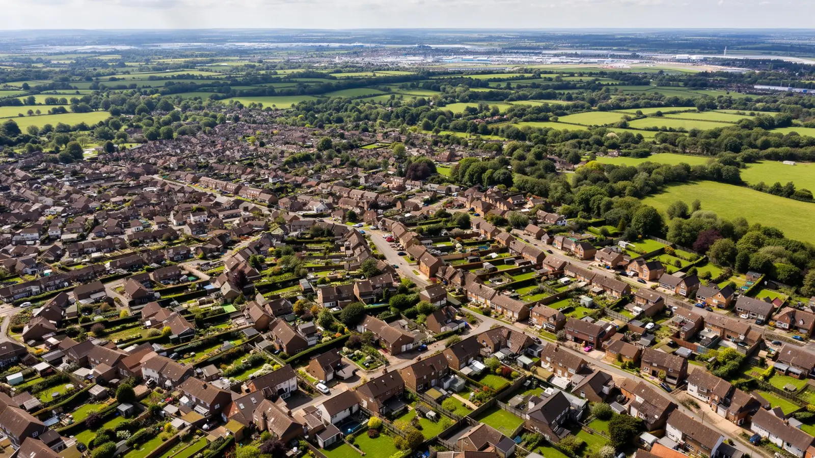 Aerial view of Horley residential neighbourhoods near Gatwick in Surrey