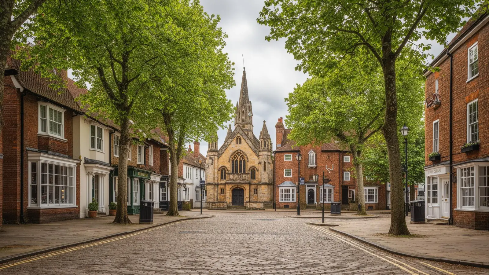 Horsham town centre with historic Carfax area and tree-lined streets in West Sussex