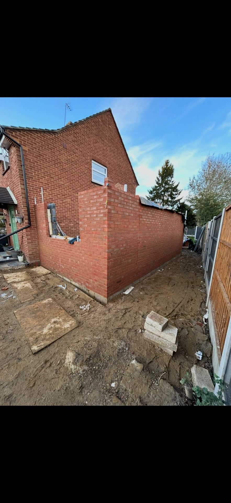 Extension brickwork in progress by Burton Builds bricklaying team