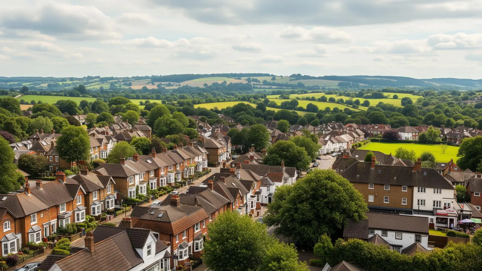 Redhill residential streets and green spaces with Surrey Hills in the distance