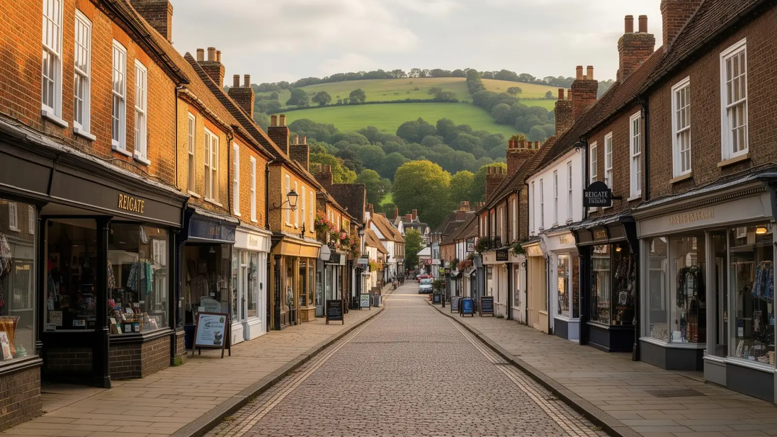 Reigate town centre high street with Surrey Hills in the background